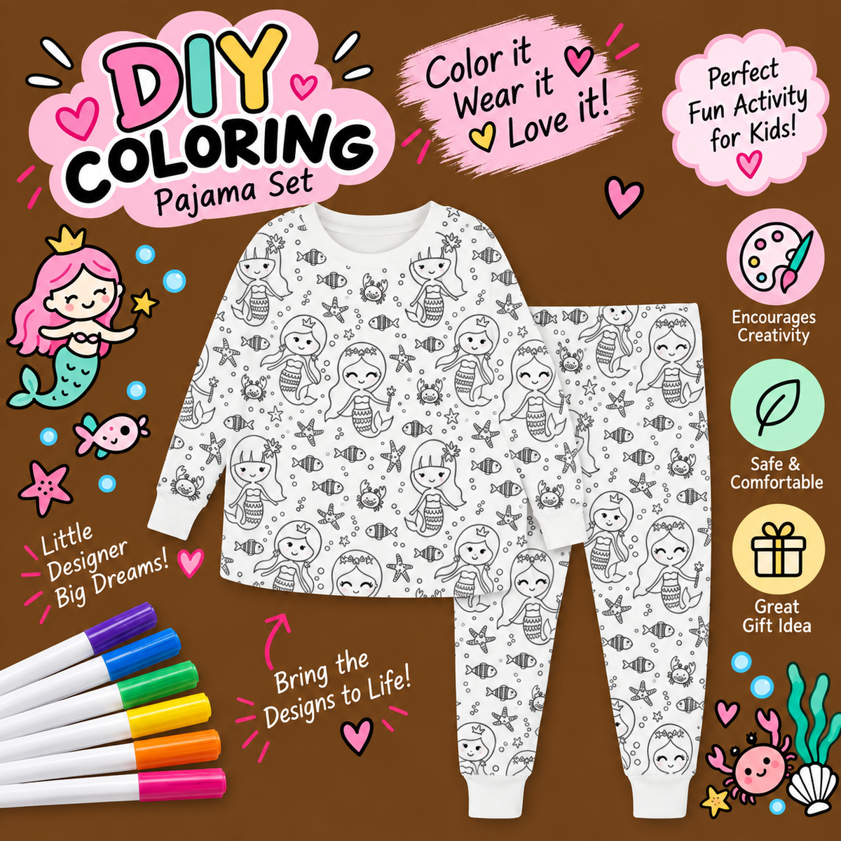Halloween Fall Gift Cozy Coloring  Kids  Pajamas Set with Markers Soft Cotton 2-Piece Unisex PJs Snug Fit Farm Animal & Butterfly Themes Ultimate Stretch Seasonless Wear Sleepwear Cartoon Print