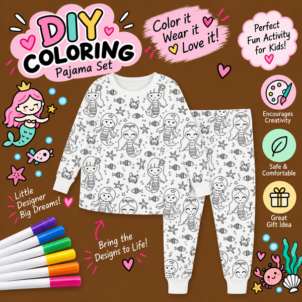 Halloween Fall Gift Cozy Coloring  Kids  Pajamas Set with Markers Soft Cotton 2-Piece Unisex PJs Snug Fit Farm Animal & Butterfly Themes Ultimate Stretch Seasonless Wear Sleepwear Cartoon Print