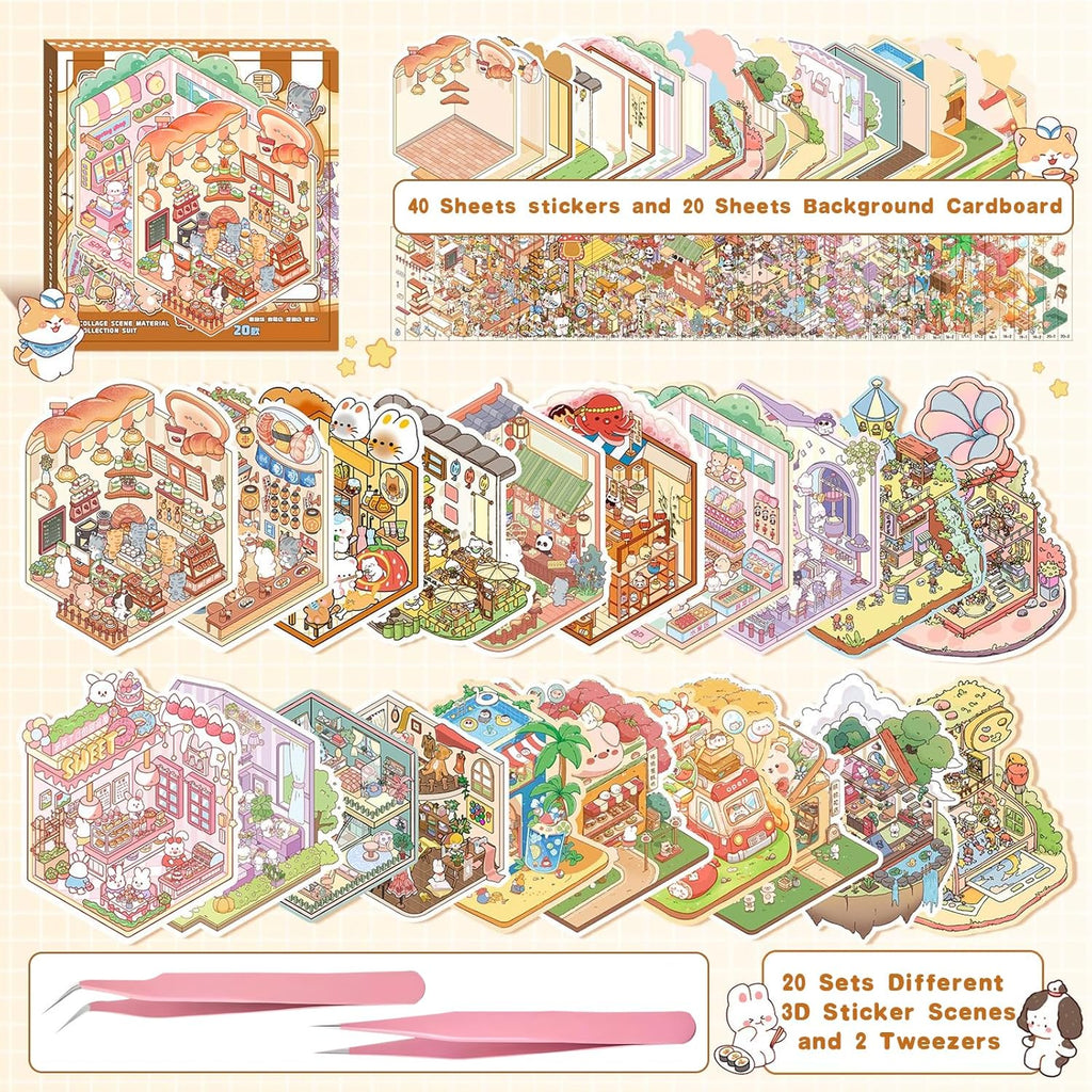 Halloween Fall Gift DIY 3D Sticker Scenes 20 Sets of Stickers for Girls Make Your Own Mini Shop House Scene Stickers for Kids Cute Fun Cartoon Animal Sticker Therapy for Adult Relief Stress Pass The Time (A Sets Boxed)