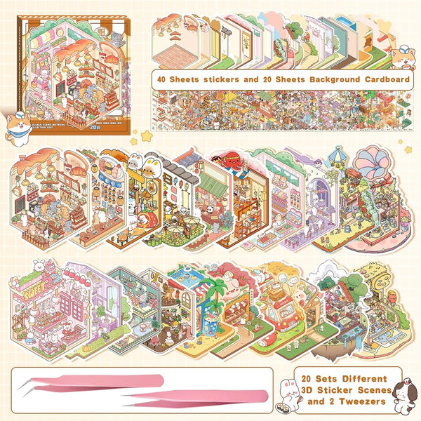 Halloween Fall Gift DIY 3D Sticker Scenes 20 Sets of Stickers for Girls Make Your Own Mini Shop House Scene Stickers for Kids Cute Fun Cartoon Animal Sticker Therapy for Adult Relief Stress Pass The Time (A Sets Boxed)