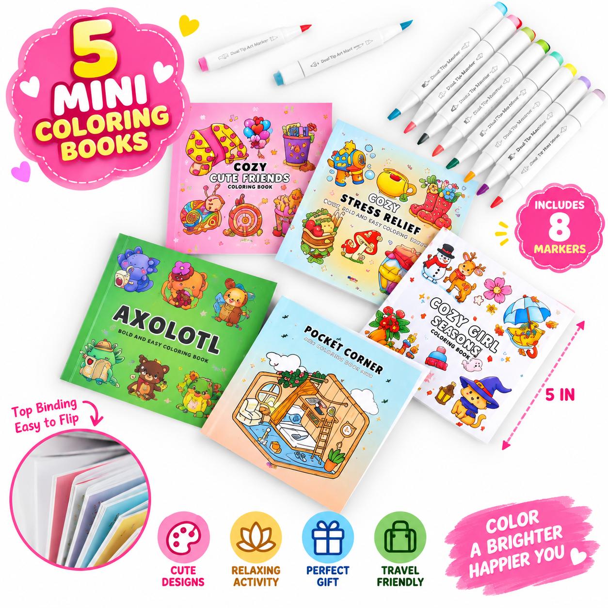 Halloween Fall Gift Cozy Coloring BEST GIFT 5 Mini Coloring Books Bundle with 12 Markers & Stickers for Kids & Adults 3x3 Inches Pocket Size Stress Relief Creative Relaxation Secondary image