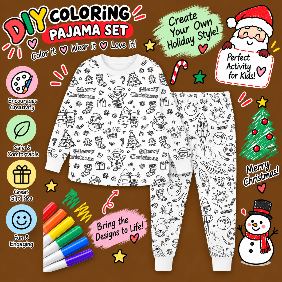 Halloween Fall Gift Cozy Coloring  Kids  Pajamas Set with Markers Soft Cotton 2-Piece Unisex PJs Snug Fit Farm Animal & Butterfly Themes Ultimate Stretch Seasonless Wear Sleepwear Cartoon Print