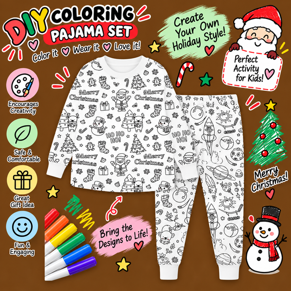 Halloween Fall Gift Cozy Coloring  Kids  Pajamas Set with Markers Soft Cotton 2-Piece Unisex PJs Snug Fit Farm Animal & Butterfly Themes Ultimate Stretch Seasonless Wear Sleepwear Cartoon Print