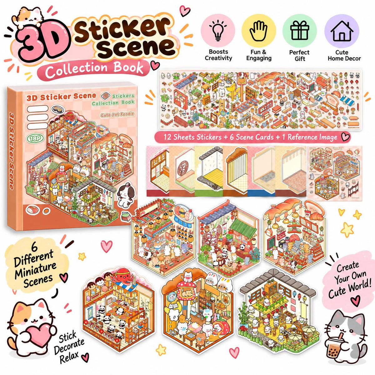 Halloween Fall Gift DIY 3D Sticker Scene Collection Book for Stress Relief - 6 Sets of Make Your Own Mini Shop Scenes Stickers for Girls Kids Adult Sticker Therapy Cute Animal Stickers for Birthday Easter Gift (A Set)