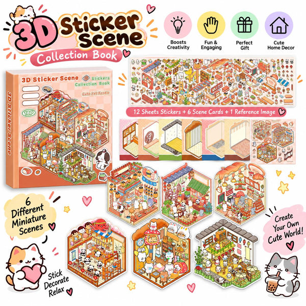 Halloween Fall Gift DIY 3D Sticker Scene Collection Book for Stress Relief - 6 Sets of Make Your Own Mini Shop Scenes Stickers for Girls Kids Adult Sticker Therapy Cute Animal Stickers for Birthday Easter Gift (A Set)