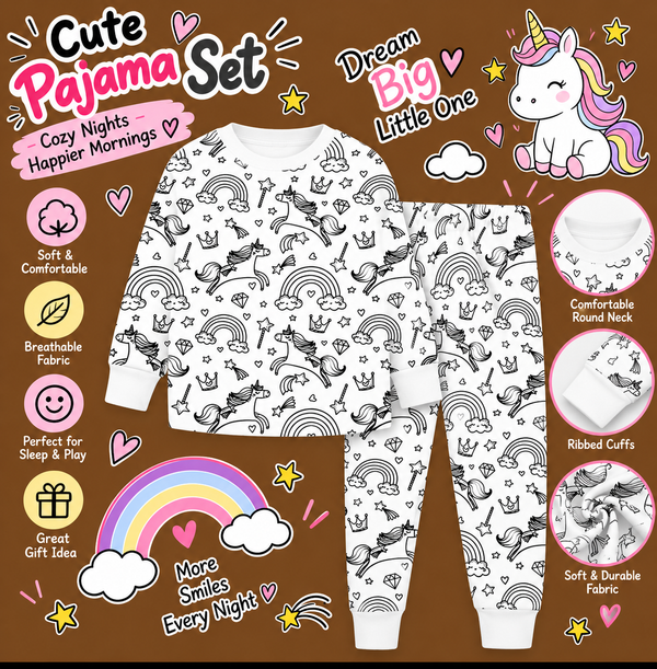 Halloween Fall Gift Cozy Coloring  Kids  Pajamas Set with Markers Soft Cotton 2-Piece Unisex PJs Snug Fit Farm Animal & Butterfly Themes Ultimate Stretch Seasonless Wear Sleepwear Cartoon Print