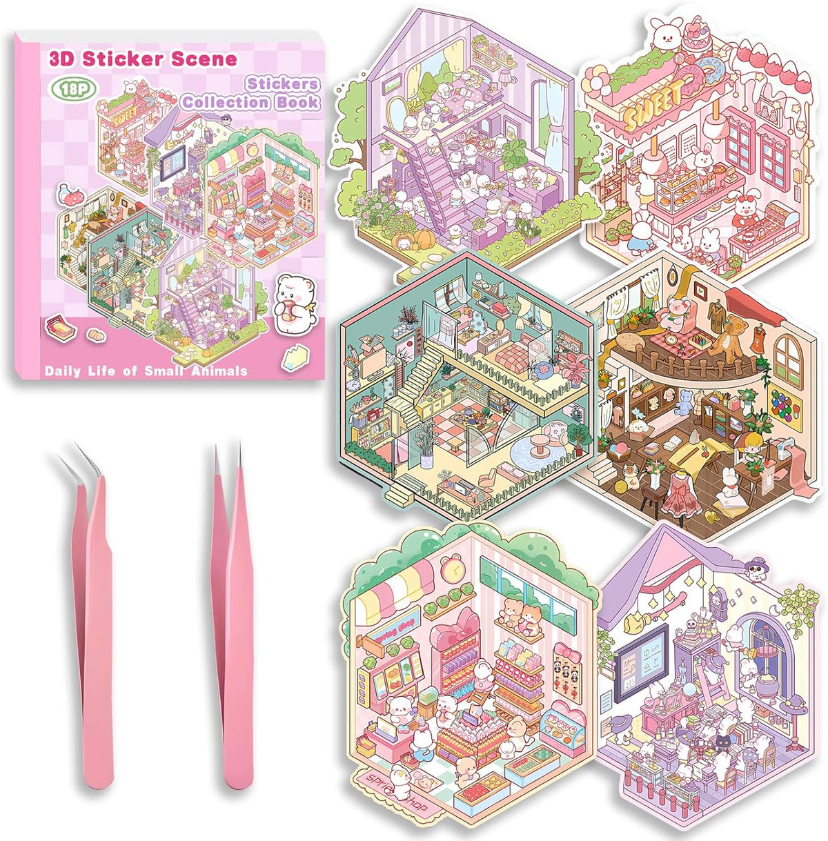Halloween Fall Gift DIY 3D Sticker Scene Collection Book for Stress Relief - 6 Sets of Make Your Own Mini Shop Scenes Stickers for Girls Kids Adult Sticker Therapy Cute Animal Stickers for Birthday with Tweezers
