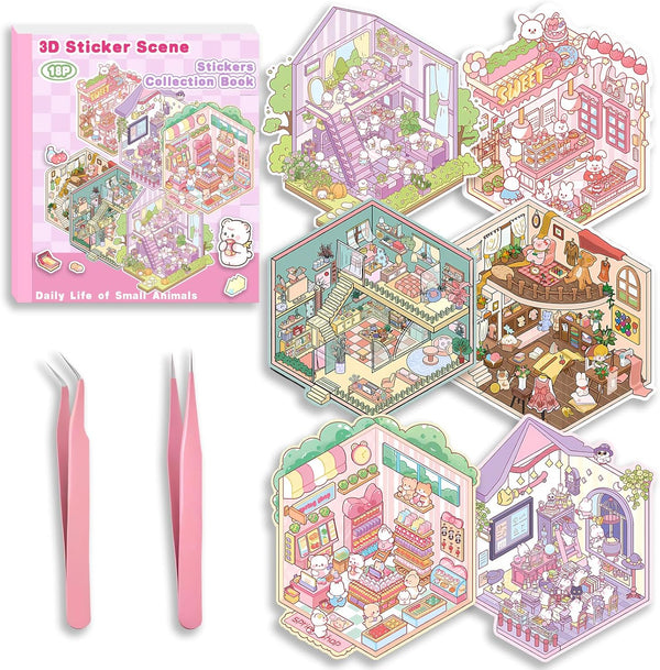 Halloween Fall Gift DIY 3D Sticker Scene Collection Book for Stress Relief - 6 Sets of Make Your Own Mini Shop Scenes Stickers for Girls Kids Adult Sticker Therapy Cute Animal Stickers for Birthday with Tweezers