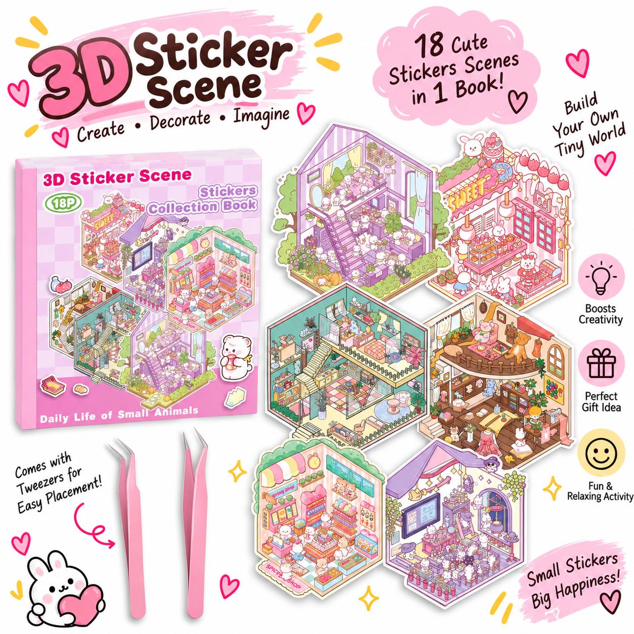 Halloween Fall Gift DIY 3D Sticker Scene Collection Book for Stress Relief - 6 Sets of Make Your Own Mini Shop Scenes Stickers for Girls Kids Adult Sticker Therapy Cute Animal Stickers for Birthday with Tweezers Secondary image