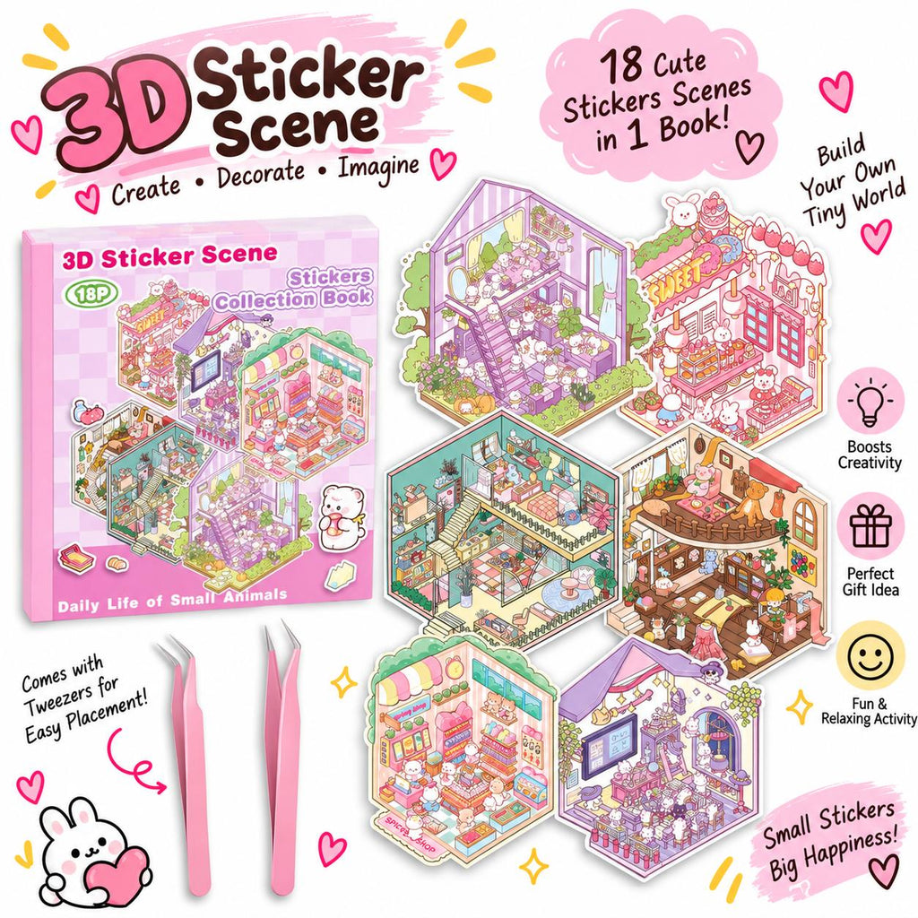 Halloween Fall Gift DIY 3D Sticker Scene Collection Book for Stress Relief - 6 Sets of Make Your Own Mini Shop Scenes Stickers for Girls Kids Adult Sticker Therapy Cute Animal Stickers for Birthday with Tweezers
