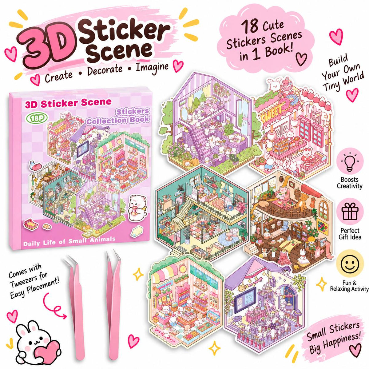 Halloween Fall Gift DIY 3D Sticker Scene Collection Book for Stress Relief - 6 Sets of Make Your Own Mini Shop Scenes Stickers for Girls Kids Adult Sticker Therapy Cute Animal Stickers for Birthday with Tweezers