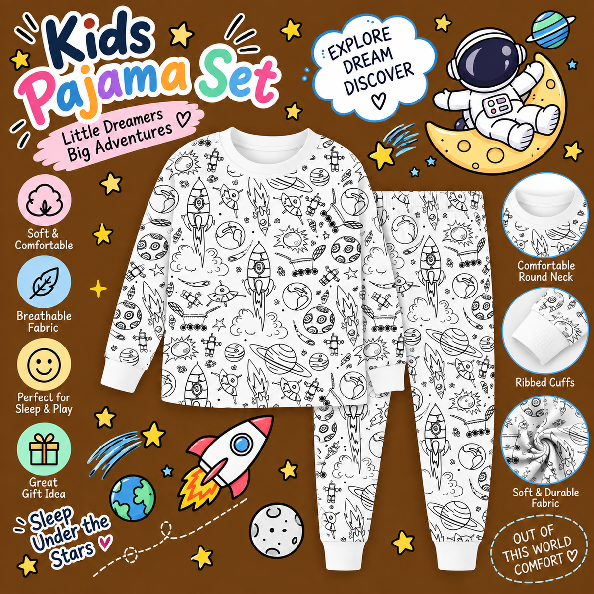 Halloween Fall Gift Cozy Coloring  Kids  Pajamas Set with Markers Soft Cotton 2-Piece Unisex PJs Snug Fit Farm Animal & Butterfly Themes Ultimate Stretch Seasonless Wear Sleepwear Cartoon Print