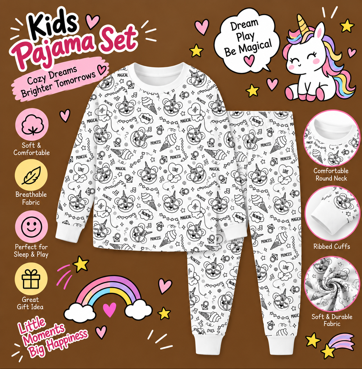 Halloween Fall Gift Cozy Coloring  Kids  Pajamas Set with Markers Soft Cotton 2-Piece Unisex PJs Snug Fit Farm Animal & Butterfly Themes Ultimate Stretch Seasonless Wear Sleepwear Cartoon Print Secondary image
