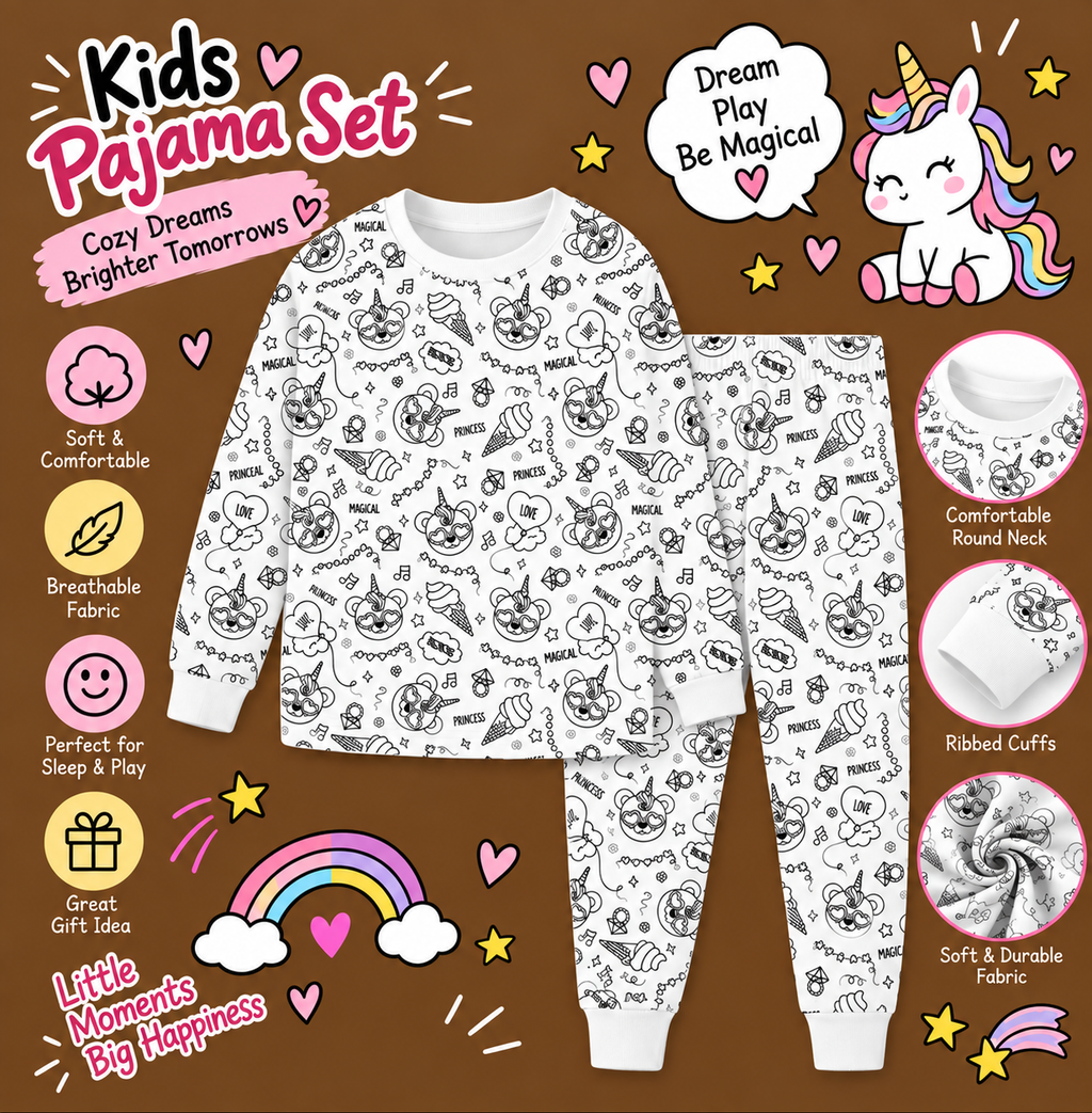Halloween Fall Gift Cozy Coloring  Kids  Pajamas Set with Markers Soft Cotton 2-Piece Unisex PJs Snug Fit Farm Animal & Butterfly Themes Ultimate Stretch Seasonless Wear Sleepwear Cartoon Print