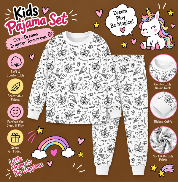 Halloween Fall Gift Cozy Coloring  Kids  Pajamas Set with Markers Soft Cotton 2-Piece Unisex PJs Snug Fit Farm Animal & Butterfly Themes Ultimate Stretch Seasonless Wear Sleepwear Cartoon Print