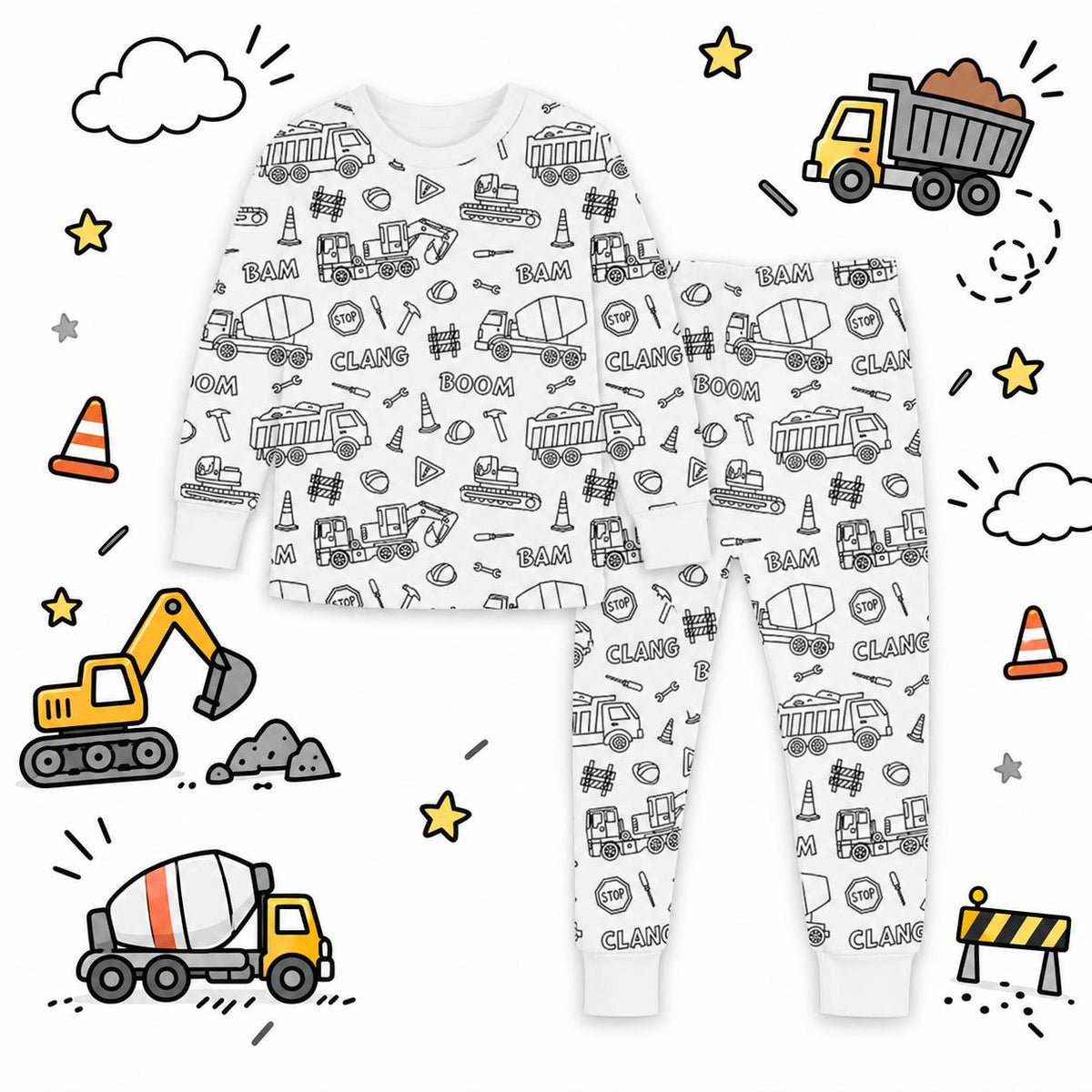 Halloween Fall Gift Cozy Coloring  Kids  Pajamas Set with Markers Soft Cotton 2-Piece Unisex PJs Snug Fit Farm Animal & Butterfly Themes Ultimate Stretch Seasonless Wear Sleepwear Cartoon Print