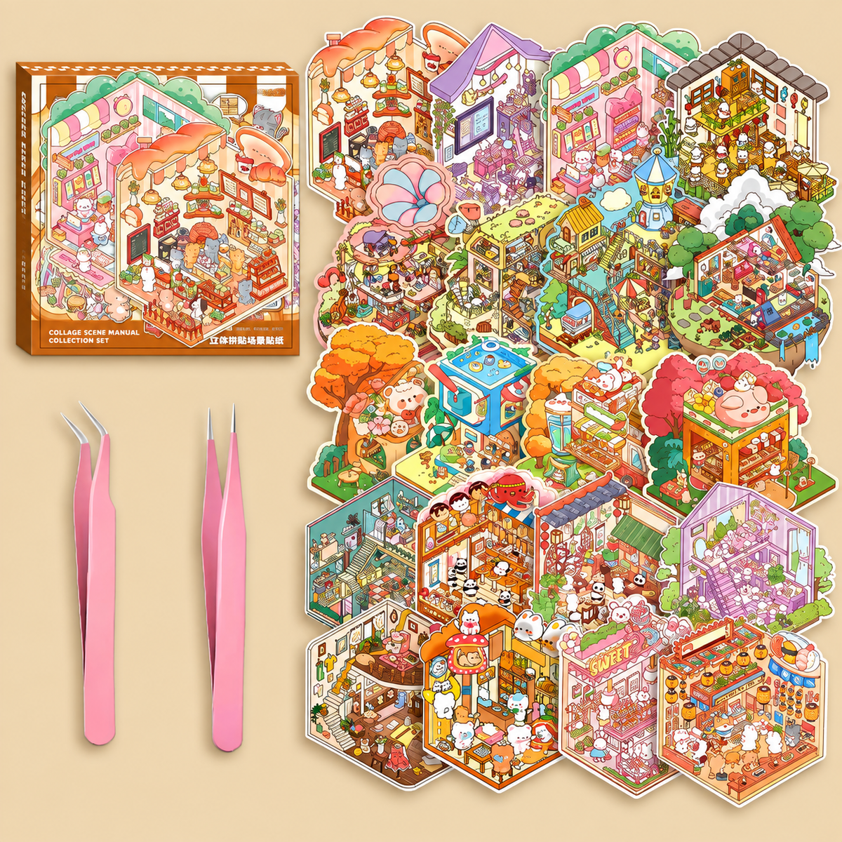 Halloween Fall Gift DIY 3D Sticker Scenes 20 Sets of Stickers for Girls Make Your Own Mini Shop House Scene Stickers for Kids Cute Fun Cartoon Animal Sticker Therapy for Adult Relief Stress Pass The Time (A Sets Boxed) Main image