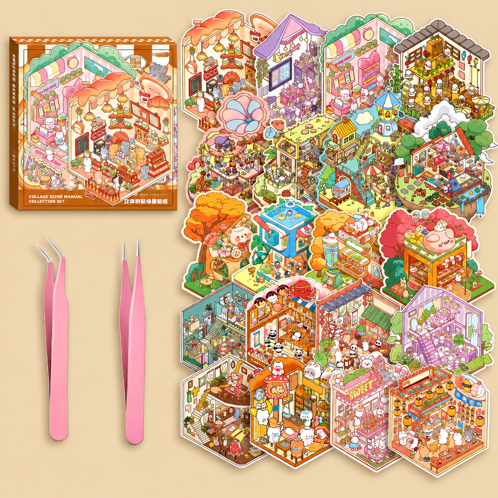 Halloween Fall Gift DIY 3D Sticker Scenes 20 Sets of Stickers for Girls Make Your Own Mini Shop House Scene Stickers for Kids Cute Fun Cartoon Animal Sticker Therapy for Adult Relief Stress Pass The Time (A Sets Boxed)