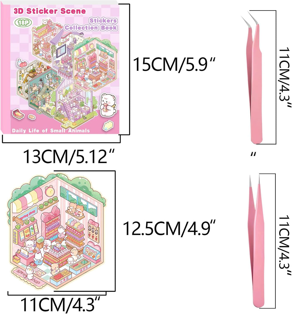Halloween Fall Gift DIY 3D Sticker Scene Collection Book for Stress Relief - 6 Sets of Make Your Own Mini Shop Scenes Stickers for Girls Kids Adult Sticker Therapy Cute Animal Stickers for Birthday with Tweezers