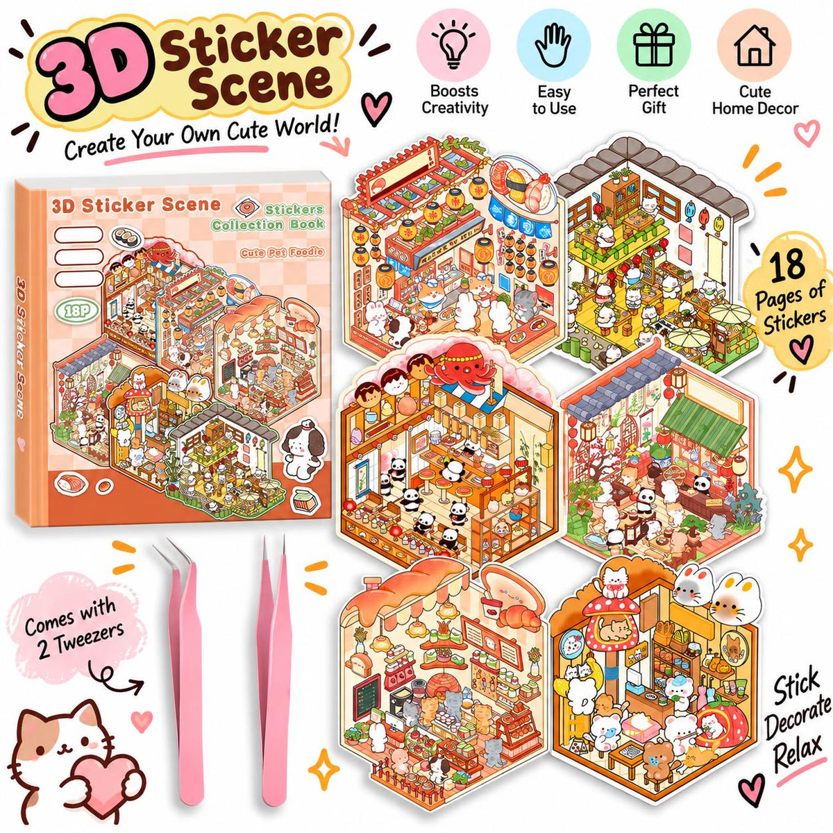 Halloween Fall Gift DIY 3D Sticker Scene Collection Book for Stress Relief - 6 Sets of Make Your Own Mini Shop Scenes Stickers for Girls Kids Adult Sticker Therapy Cute Animal Stickers for Birthday Easter Gift (A Set)