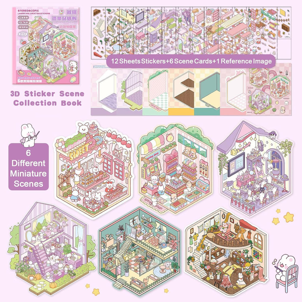 Halloween Fall Gift DIY 3D Sticker Scene Collection Book for Stress Relief - 6 Sets of Make Your Own Mini Shop Scenes Stickers for Girls Kids Adult Sticker Therapy Cute Animal Stickers for Birthday with Tweezers