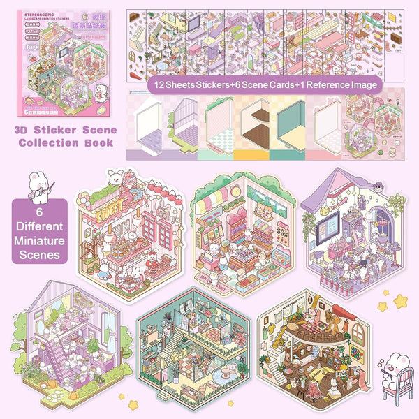 Halloween Fall Gift DIY 3D Sticker Scene Collection Book for Stress Relief - 6 Sets of Make Your Own Mini Shop Scenes Stickers for Girls Kids Adult Sticker Therapy Cute Animal Stickers for Birthday with Tweezers