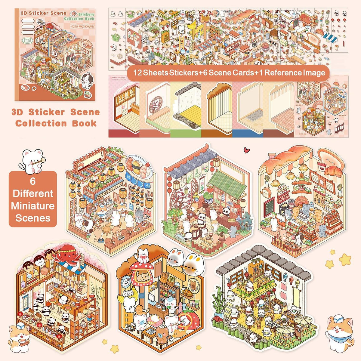 Halloween Fall Gift DIY 3D Sticker Scene Collection Book for Stress Relief - 6 Sets of Make Your Own Mini Shop Scenes Stickers for Girls Kids Adult Sticker Therapy Cute Animal Stickers for Birthday Easter Gift (A Set)