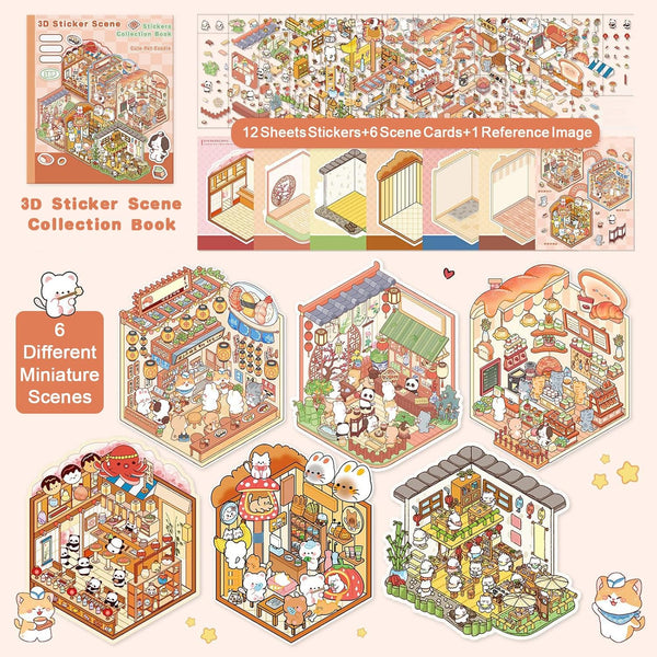 Halloween Fall Gift DIY 3D Sticker Scene Collection Book for Stress Relief - 6 Sets of Make Your Own Mini Shop Scenes Stickers for Girls Kids Adult Sticker Therapy Cute Animal Stickers for Birthday Easter Gift (A Set)