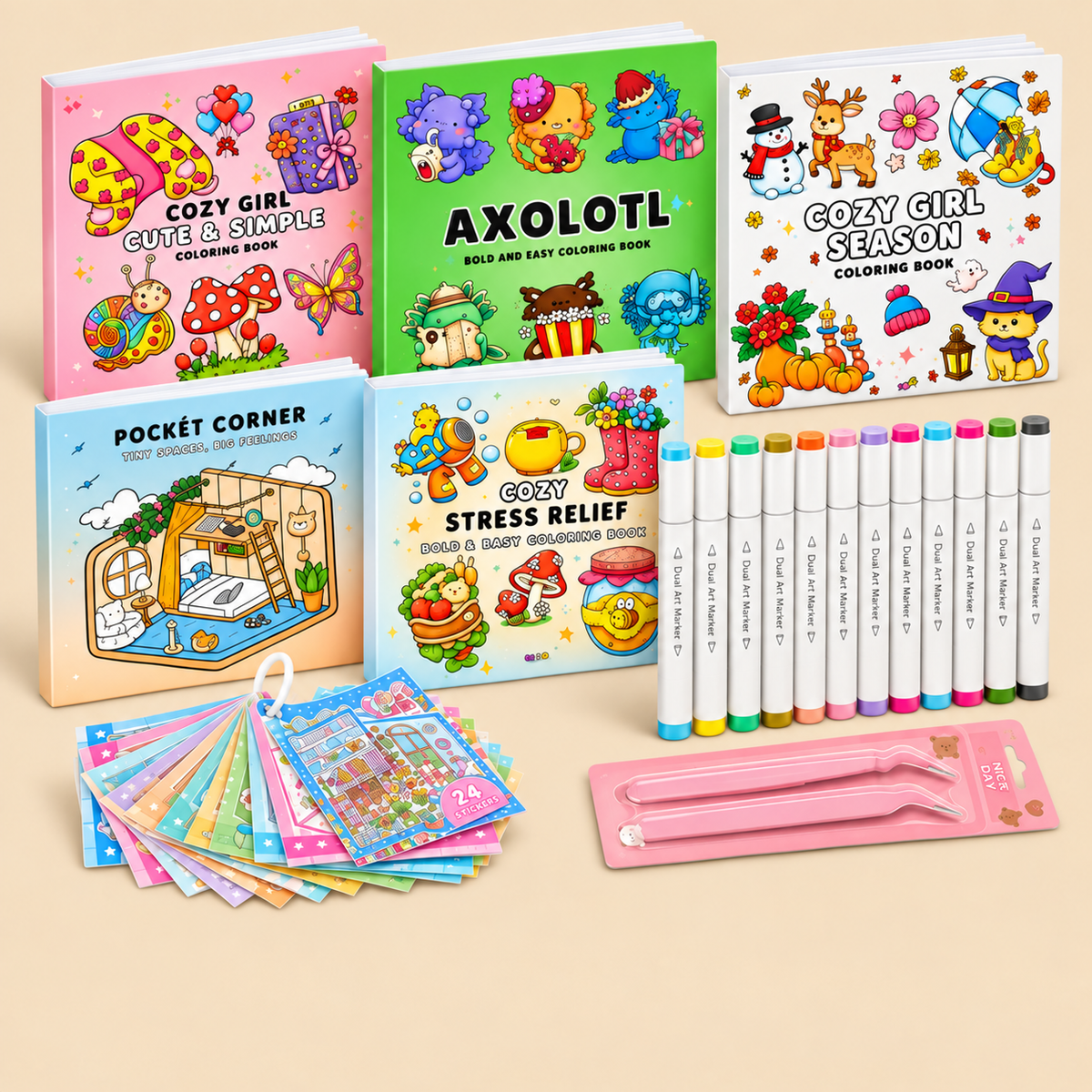 Halloween Fall Gift Cozy Coloring BEST GIFT 5 Mini Coloring Books Bundle with 12 Markers & Stickers for Kids & Adults 3x3 Inches Pocket Size Stress Relief Creative Relaxation Main image