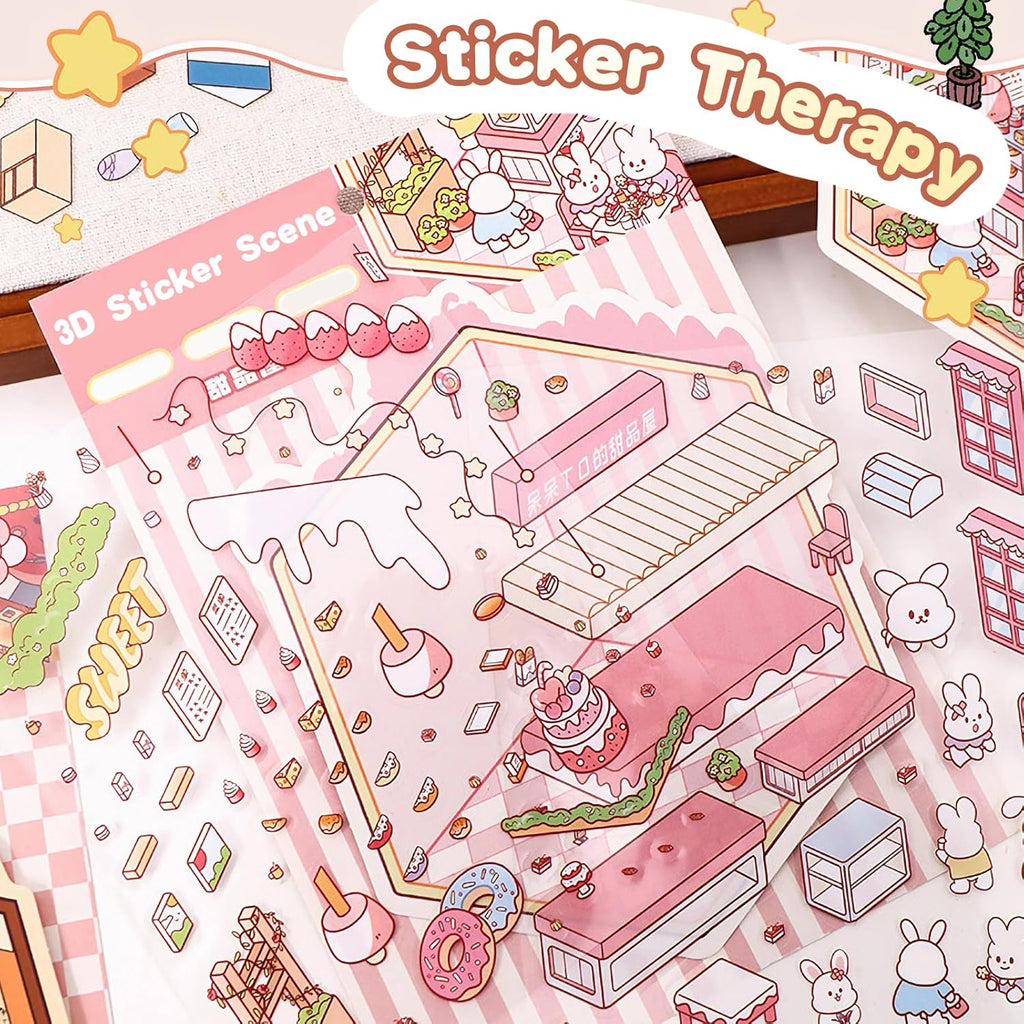 Halloween Fall Gift DIY 3D Sticker Scene Collection Book for Stress Relief - 6 Sets of Make Your Own Mini Shop Scenes Stickers for Girls Kids Adult Sticker Therapy Cute Animal Stickers for Birthday with Tweezers