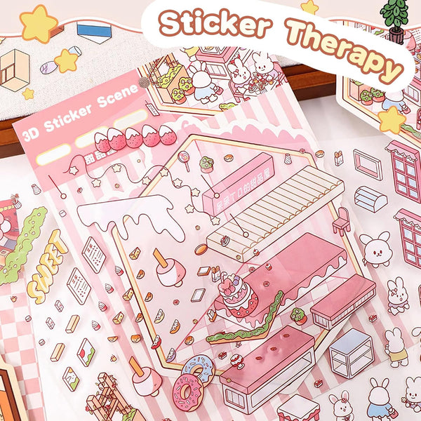 Halloween Fall Gift DIY 3D Sticker Scene Collection Book for Stress Relief - 6 Sets of Make Your Own Mini Shop Scenes Stickers for Girls Kids Adult Sticker Therapy Cute Animal Stickers for Birthday with Tweezers