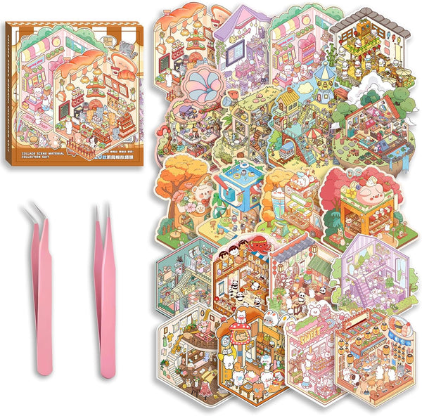 Halloween Fall Gift DIY 3D Sticker Scenes 20 Sets of Stickers for Girls Make Your Own Mini Shop House Scene Stickers for Kids Cute Fun Cartoon Animal Sticker Therapy for Adult Relief Stress Pass The Time (A Sets Boxed)