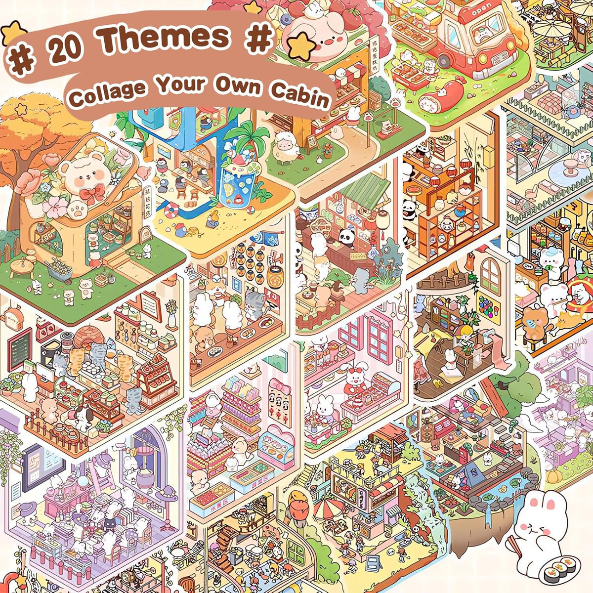 Halloween Fall Gift DIY 3D Sticker Scenes 20 Sets of Stickers for Girls Make Your Own Mini Shop House Scene Stickers for Kids Cute Fun Cartoon Animal Sticker Therapy for Adult Relief Stress Pass The Time (A Sets Boxed)