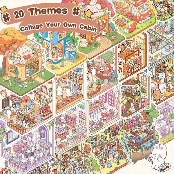 Halloween Fall Gift DIY 3D Sticker Scenes 20 Sets of Stickers for Girls Make Your Own Mini Shop House Scene Stickers for Kids Cute Fun Cartoon Animal Sticker Therapy for Adult Relief Stress Pass The Time (A Sets Boxed)