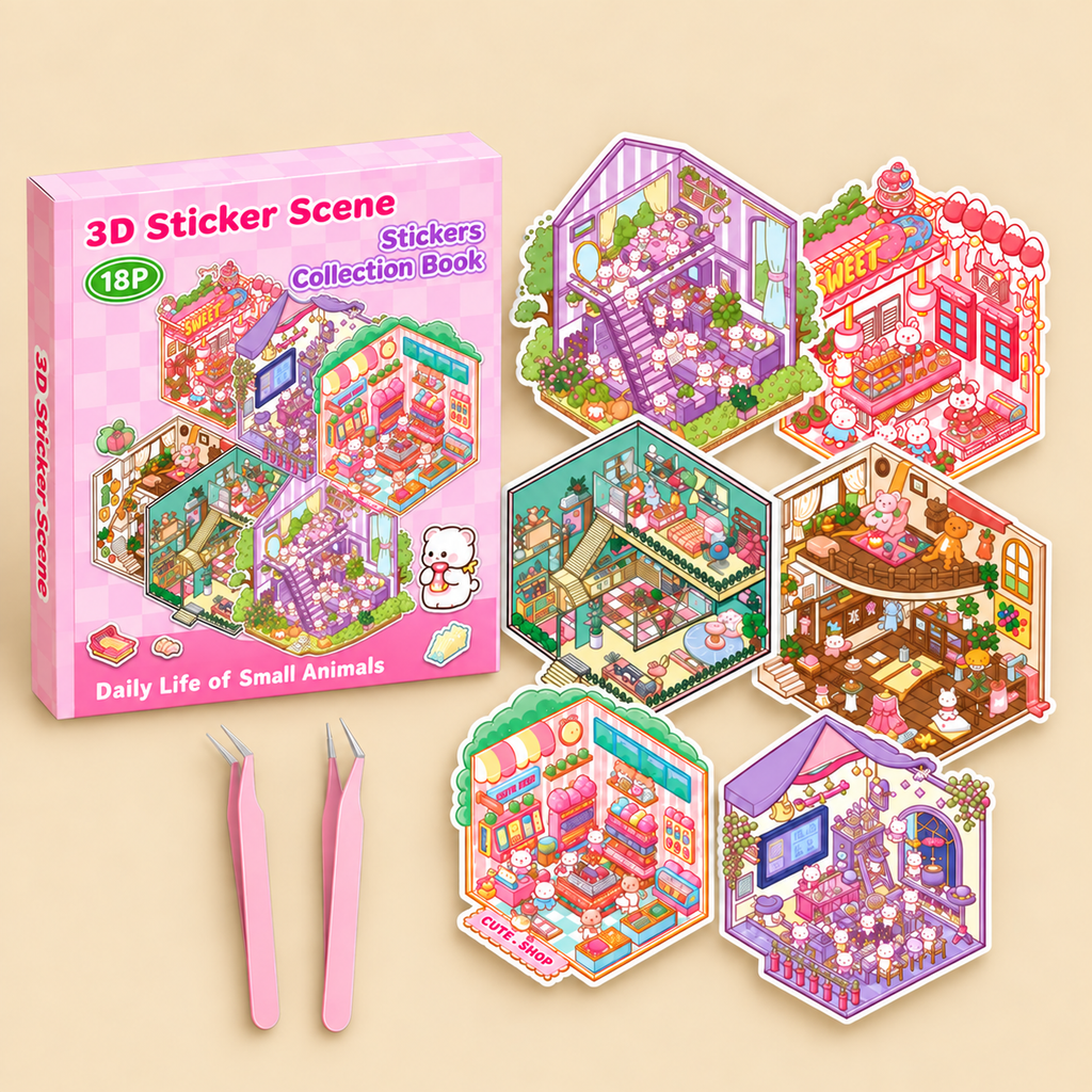 Halloween Fall Gift DIY 3D Sticker Scene Collection Book for Stress Relief - 6 Sets of Make Your Own Mini Shop Scenes Stickers for Girls Kids Adult Sticker Therapy Cute Animal Stickers for Birthday with Tweezers