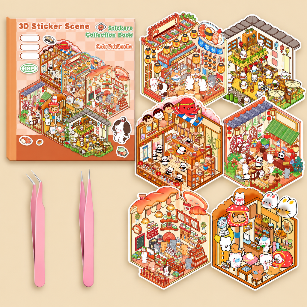 Halloween Fall Gift DIY 3D Sticker Scene Collection Book for Stress Relief - 6 Sets of Make Your Own Mini Shop Scenes Stickers for Girls Kids Adult Sticker Therapy Cute Animal Stickers for Birthday Easter Gift (A Set)