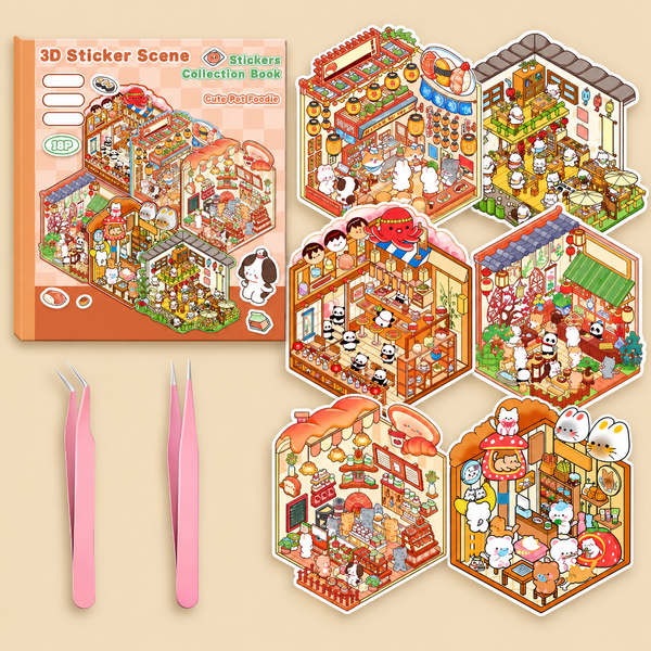 Halloween Fall Gift DIY 3D Sticker Scene Collection Book for Stress Relief - 6 Sets of Make Your Own Mini Shop Scenes Stickers for Girls Kids Adult Sticker Therapy Cute Animal Stickers for Birthday Easter Gift (A Set)