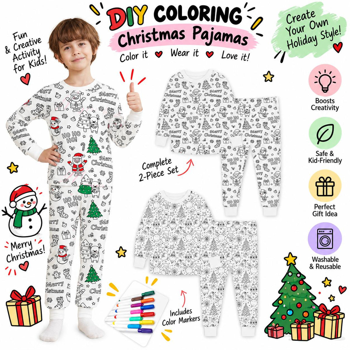 Halloween Fall Gift Cozy Coloring  Kids  Pajamas Set with Markers Soft Cotton 2-Piece Unisex PJs Snug Fit Farm Animal & Butterfly Themes Ultimate Stretch Seasonless Wear Sleepwear Cartoon Print