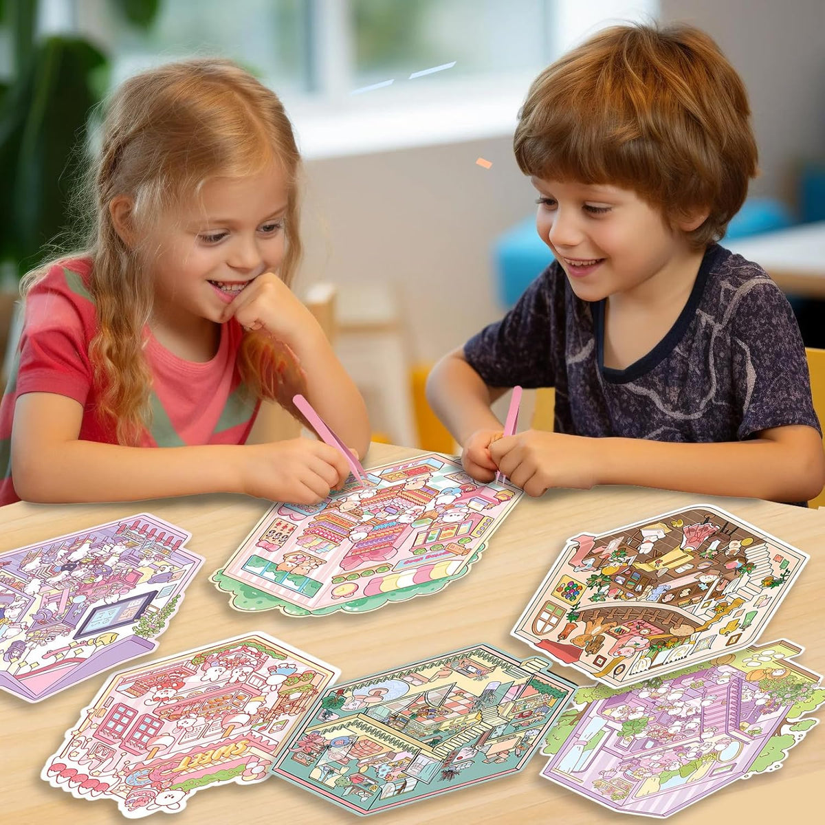 Halloween Fall Gift DIY 3D Sticker Scene Collection Book for Stress Relief - 6 Sets of Make Your Own Mini Shop Scenes Stickers for Girls Kids Adult Sticker Therapy Cute Animal Stickers for Birthday with Tweezers